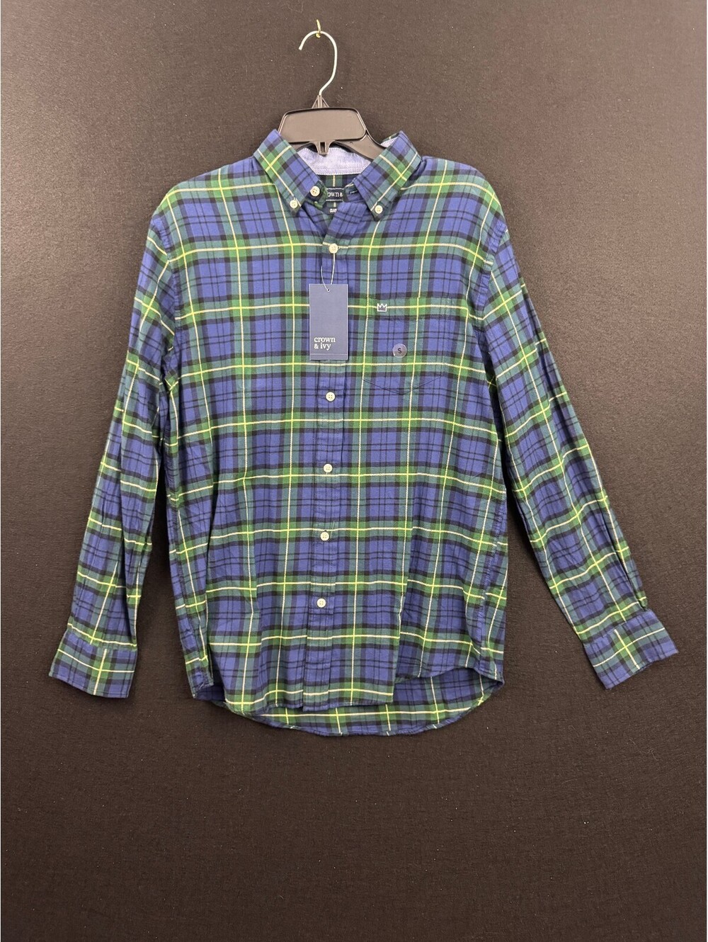 Crown & Ivy Classic Fit Green Plaid Button-Down Shirt - Size S New w/Tags